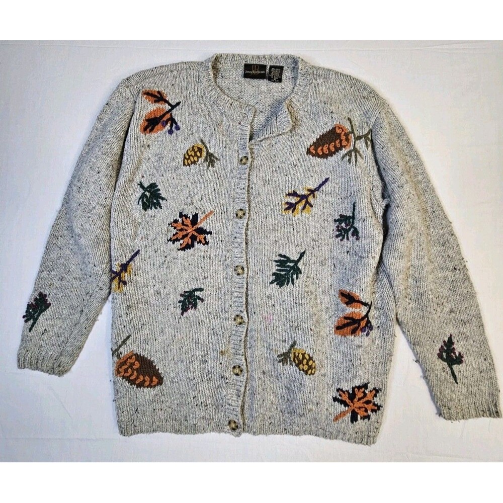 Jenny Buchanan Cardigan Women Medium Gray Fall Autumn Leaves Sweater 90s Vintage